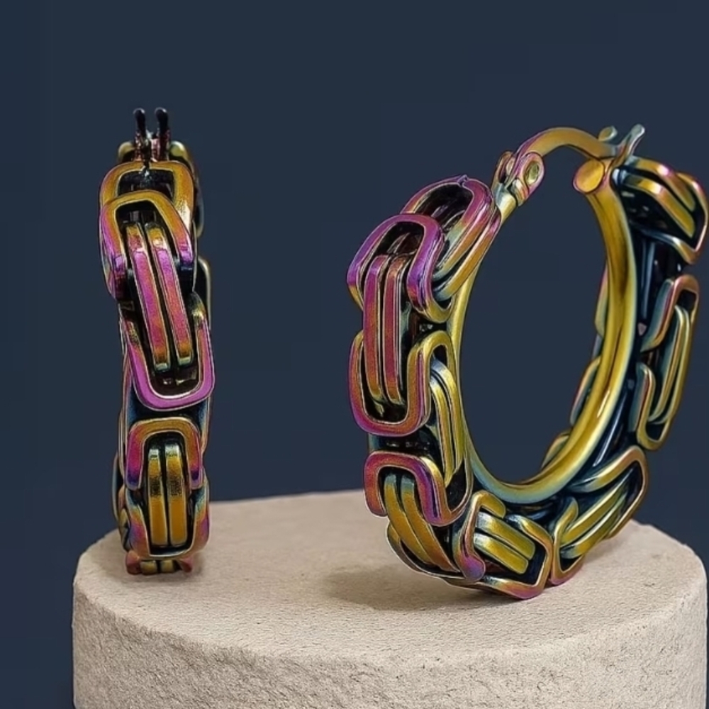 Byzantine Chain Hoop Earrings in ION Plated Rainbow Color Stainless Steel, NWT!